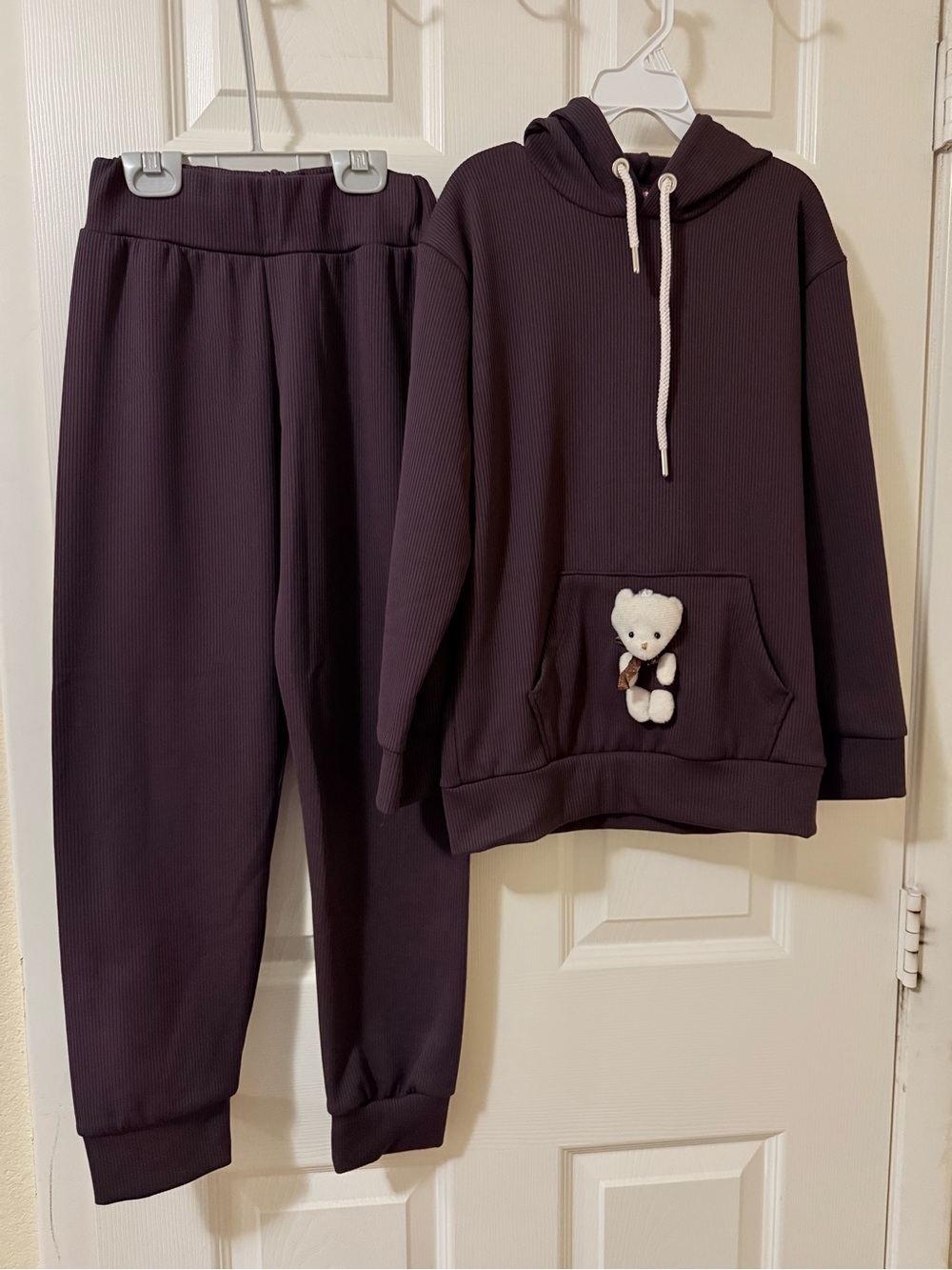 Kids Plush Bear Hoodie & Joggers Set - Dark Plum